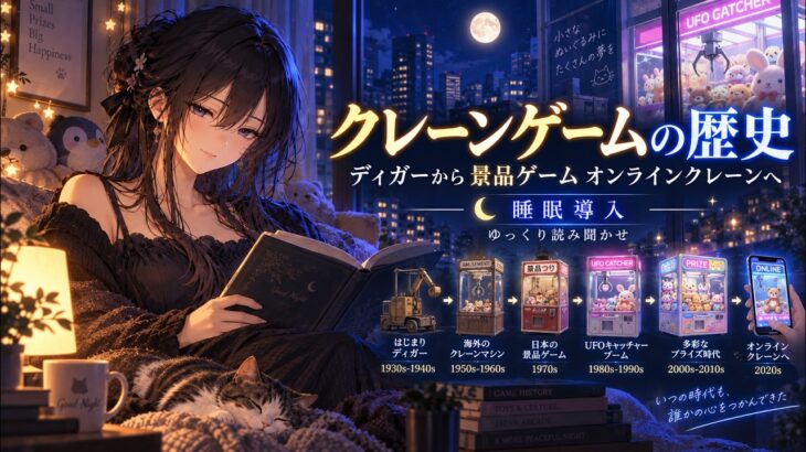 【睡眠導入】クレーンゲームの歴史｜1920年代のディガーからUFOキャッチャー、オンラインクレーンまで｜ゆっくり読み聞かせ